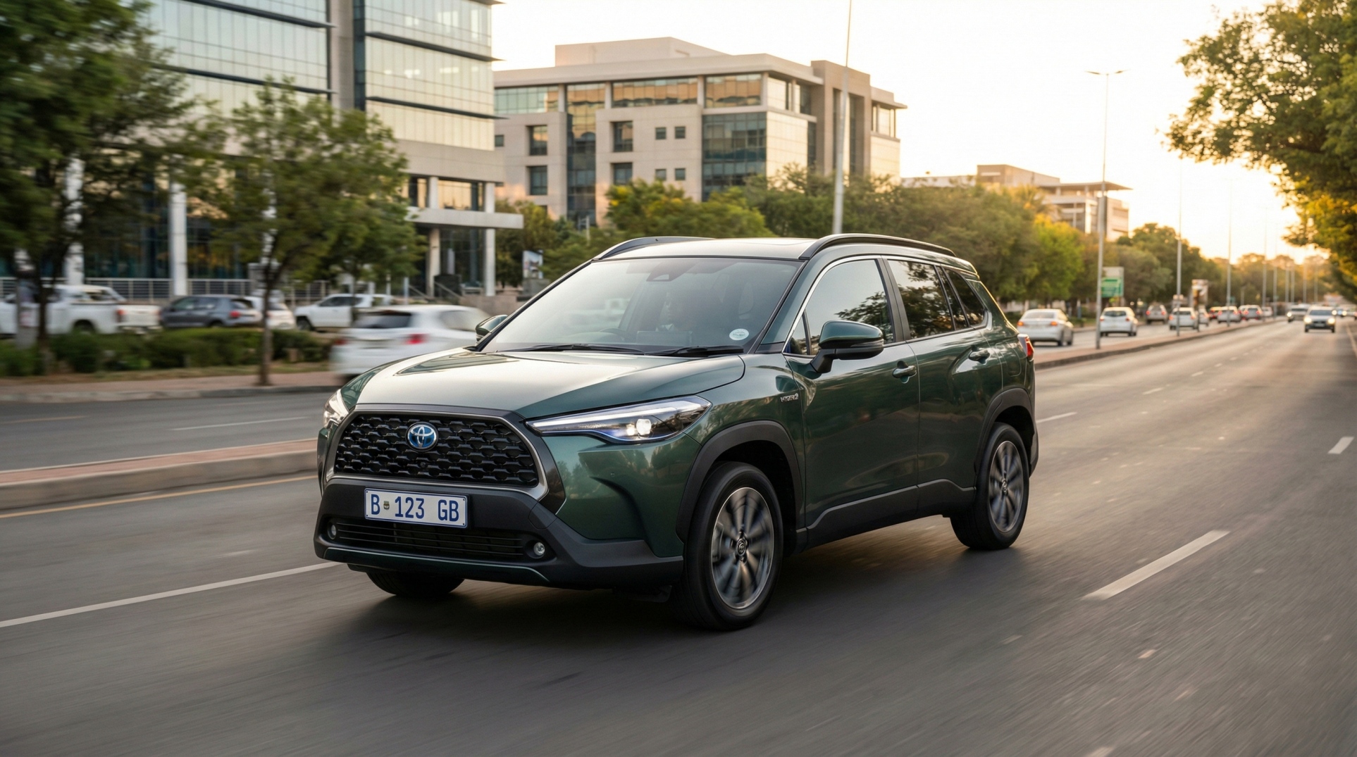 Toyota Corolla Cross Hybrid XR driving through Gaborone city streets in Botswana